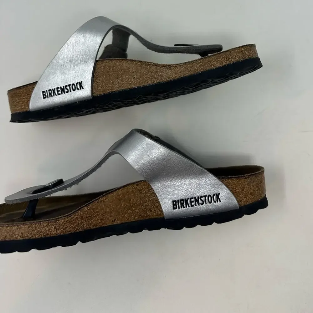 Birkenstock Gizeh Thong Sandals Leather Birko-Flor Silver Women’s 37 6-6.5